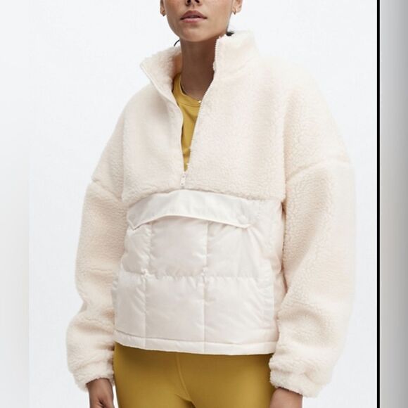 Fabletics Nelly Mixed Media Half Zip Ivory Pocket Pull Over Sherpa Jacket Sz  M - Picture 1 of 11